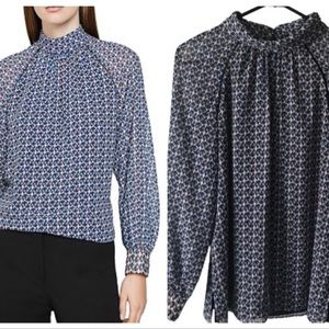 Reiss Long Sleeve Round Neck Blouse Size 2 Blue, Black